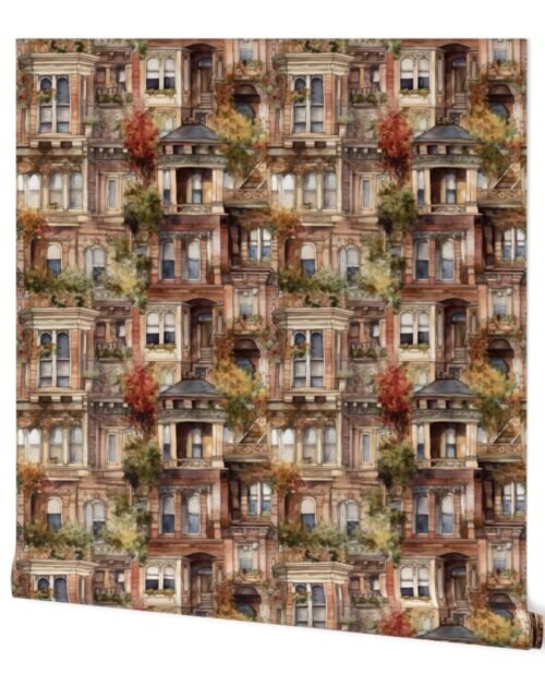 Brownstone Buildings in Varied Tones of Brown Watercolor Wallpaper