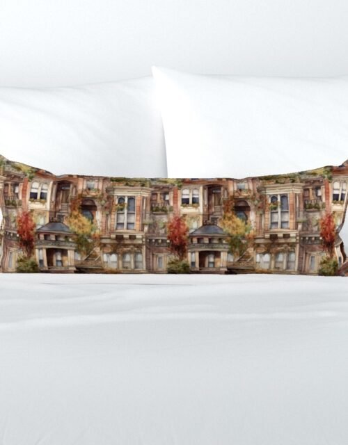 Brownstone Buildings in Varied Tones of Brown Watercolor Extra Long Lumbar Pillow