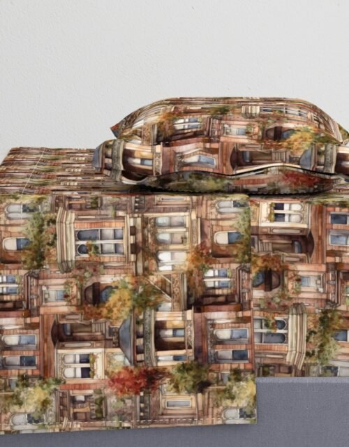 Brownstone Buildings in Varied Tones of Brown Watercolor Sheet Set