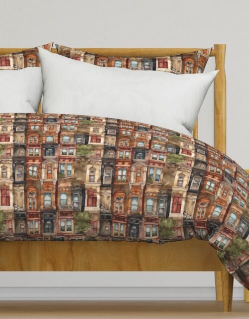 Brownstone Buildings in Varied Tones of Brown Watercolor Duvet Cover
