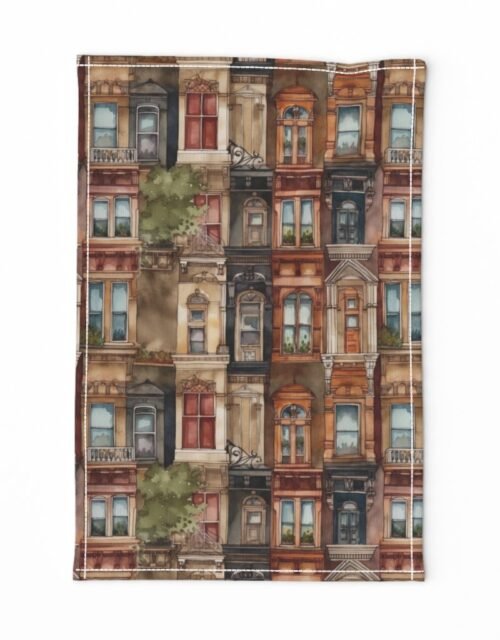Brownstone Buildings in Varied Tones of Brown Watercolor Tea Towel