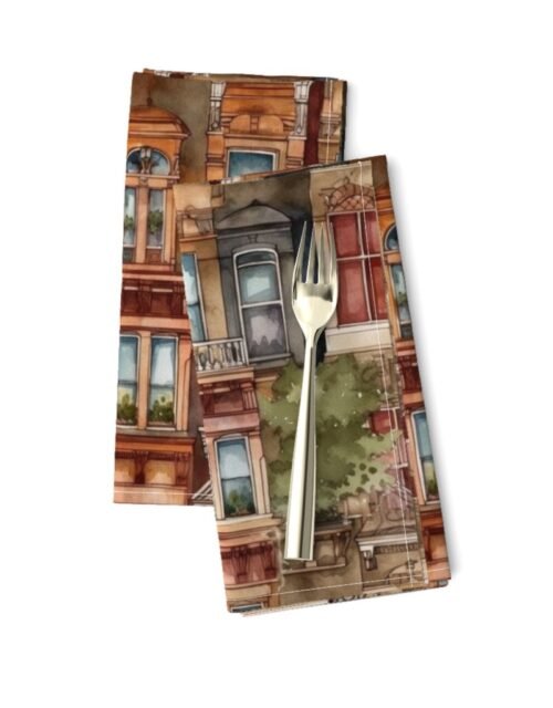 Brownstone Buildings in Varied Tones of Brown Watercolor Dinner Napkins