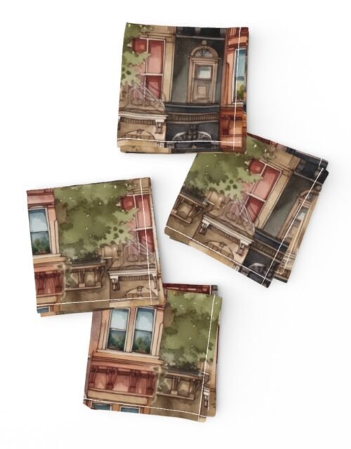 Brownstone Buildings in Varied Tones of Brown Watercolor Cocktail Napkins