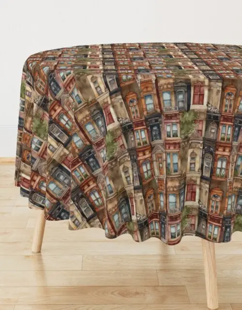 Brownstone Buildings in Varied Tones of Brown Watercolor Round Tablecloth