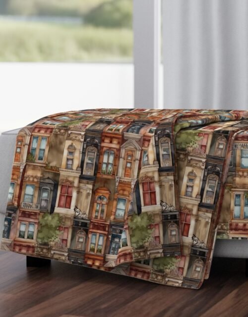 Brownstone Buildings in Varied Tones of Brown Watercolor Throw Blanket