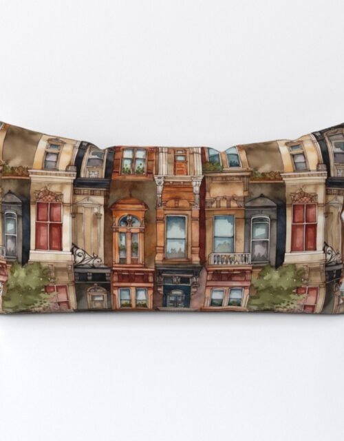 Brownstone Buildings in Varied Tones of Brown Watercolor Lumbar Throw Pillow