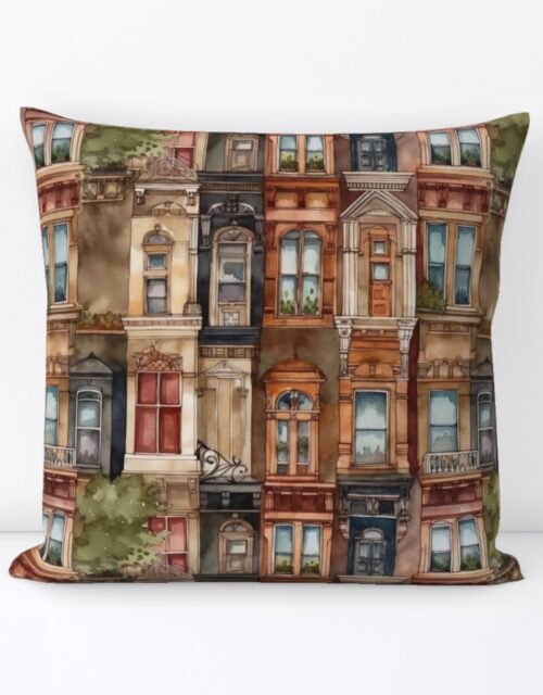 Brownstone Buildings in Varied Tones of Brown Watercolor Square Throw Pillow