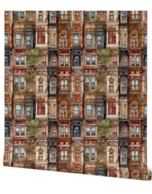 Brownstone Buildings in Varied Tones of Brown Watercolor Wallpaper