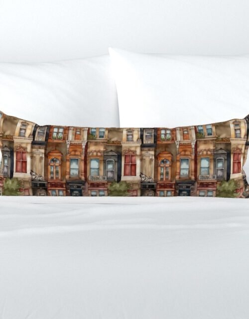 Brownstone Buildings in Varied Tones of Brown Watercolor Extra Long Lumbar Pillow