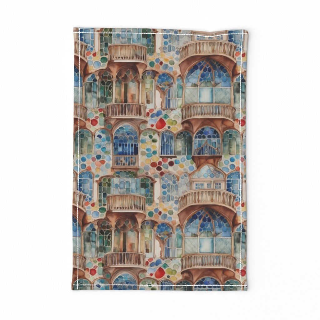 Barcelona House Architectural Detail in Windows, Columns, Arches and Balustrades Tea Towel Barcelona House Architectural Detail in Windows, Columns, Arches and Balustrades Tea Towel