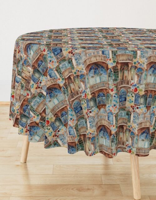 Barcelona House Architectural Detail in Windows, Columns, Arches and Balustrades Round Tablecloth