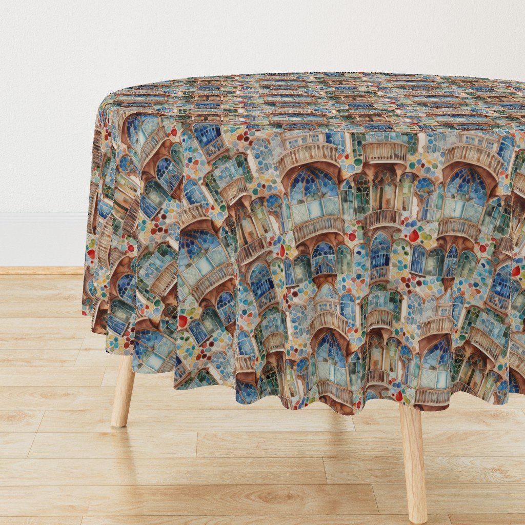 Barcelona House Architectural Detail in Windows, Columns, Arches and Balustrades Round Tablecloth Barcelona House Architectural Detail in Windows, Columns, Arches and Balustrades Round Tablecloth