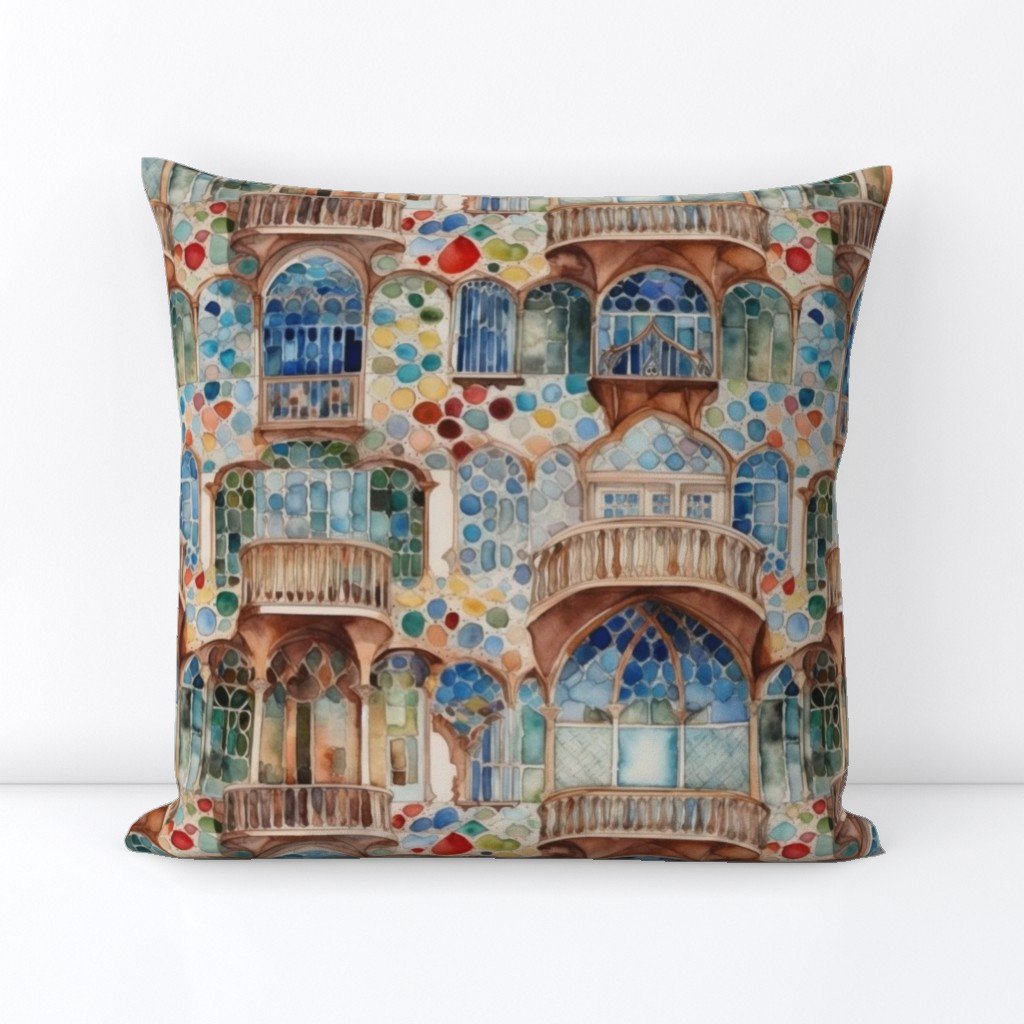 Barcelona House Architectural Detail in Windows, Columns, Arches and Balustrades Square Throw Pillow Barcelona House Architectural Detail in Windows, Columns, Arches and Balustrades Square Throw Pillow