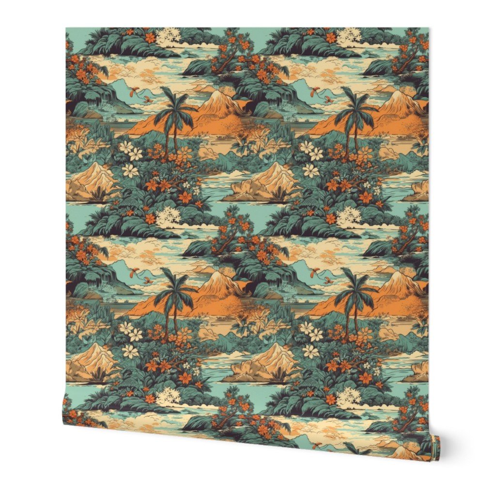 Small Vintage Hawaiian Landscape in Teal and Orange Wallpaper Small Vintage Hawaiian Landscape in Teal and Orange Wallpaper