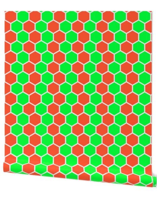 Honeycomb Hexagons in Neon Green and Orange Wallpaper