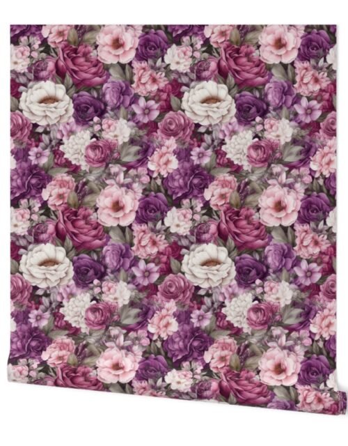 Densely Packed Jumbo Floral Rose Blossoms in Pink, Violet and White Wallpaper