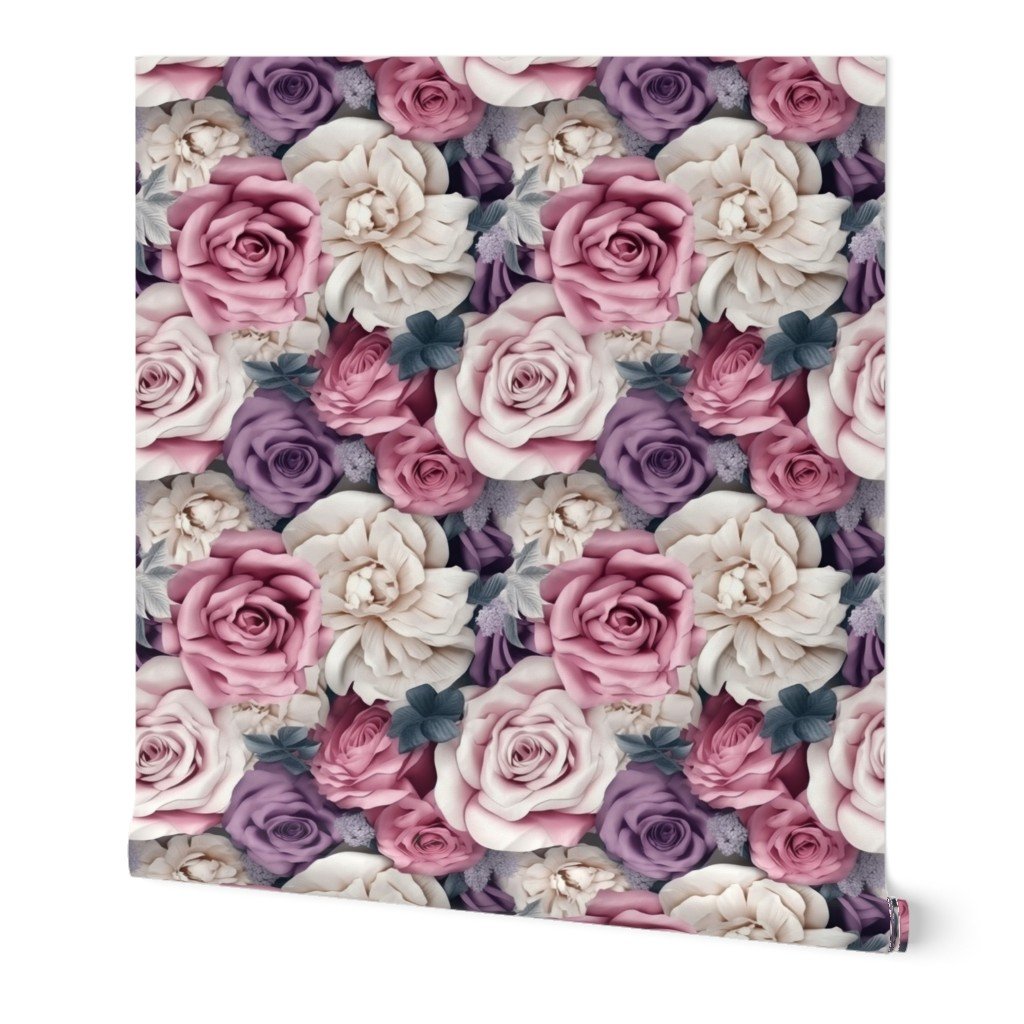 Densely Packed Jumbo Floral Rose Blossoms in Pink, Violet and White Wallpaper Densely Packed Jumbo Floral Rose Blossoms in Pink, Violet and White Wallpaper