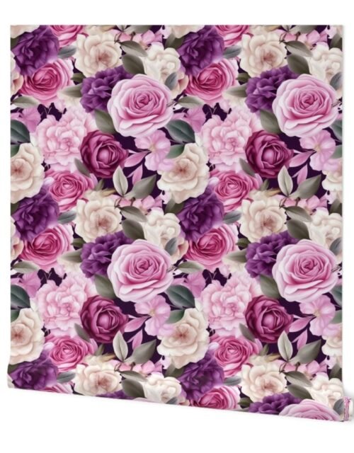 Densely Packed Jumbo Floral Rose Blossoms in Pink, Violet and White Wallpaper