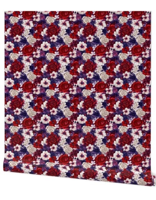 Densely Packed Jumbo Floral Rose Blossoms in Red, Violet and White Wallpaper