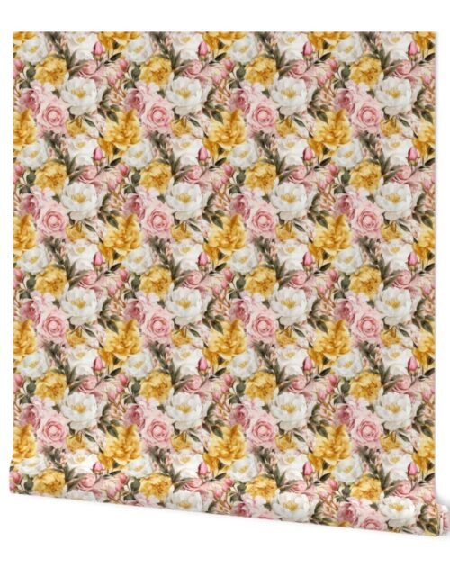 Densely Packed Jumbo Floral Rose Blossoms in Yellow, Pink and White Wallpaper