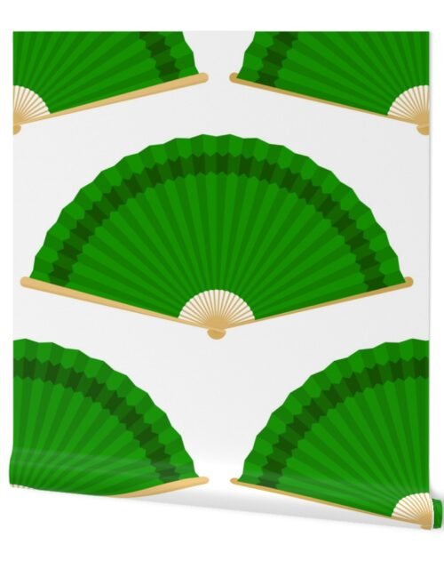 Jumbo Grass Green Splayed Fans on White Wallpaper