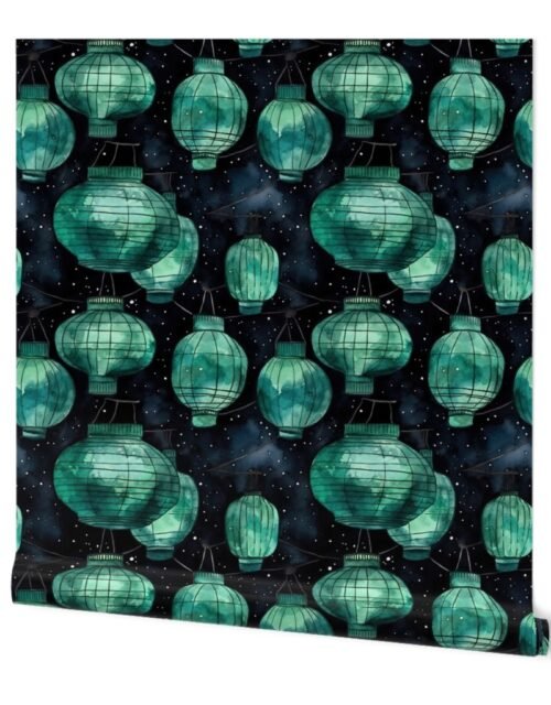 Small Jade Green Glowing Chinese Paper Lanterns Watercolor Wallpaper
