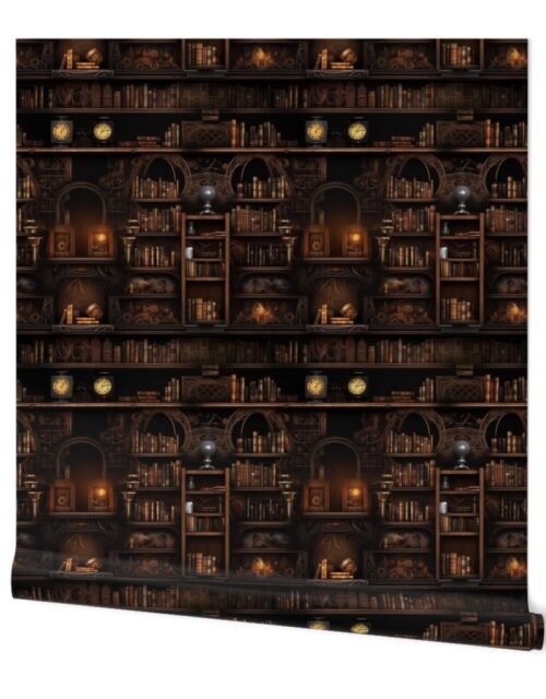 Spooky Photo-realisticSmall Dark Academia Stampunk Bookshelves in Muted Tones with Glowing Candles and Skulls Wallpaper
