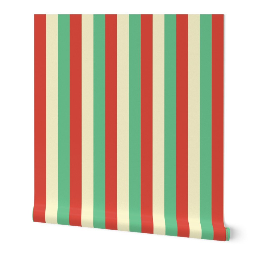 Equal 2 Inch Red Vermillion, Green and Yellow Gold Vintage Christmas Stripe Wallpaper Equal 2 Inch Red Vermillion, Green and Yellow Gold Vintage Christmas Stripe Wallpaper