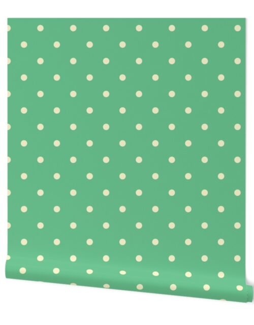 Yellow Gold Polka Dots on Vintage Christmas Green Wallpaper