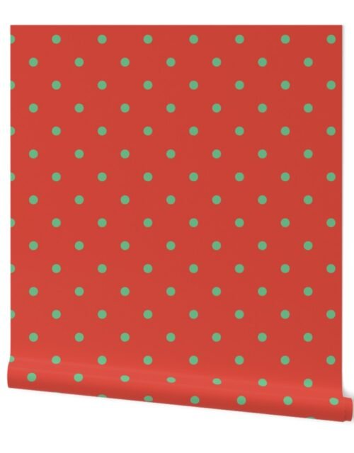 Green Polka Dots on Vintage Christmas Red Vermillion Wallpaper