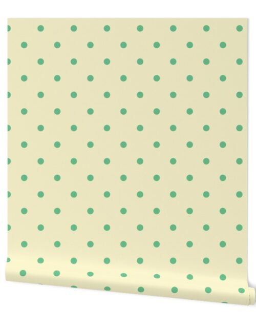 Green Polka Dots on Vintage Christmas Yellow Gold Wallpaper
