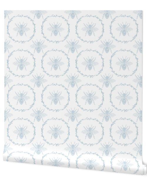 Large French Provincial Bees in Laurel Wreaths in Sky Blue on White Wallpaper