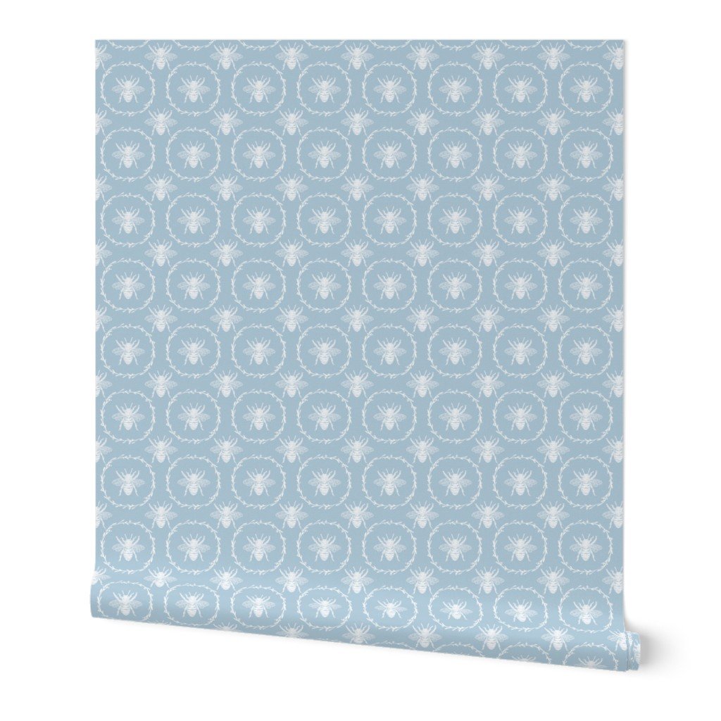 Small French Provincial Bees in Laurel Wreaths in White on Sky Blue Wallpaper Small French Provincial Bees in Laurel Wreaths in White on Sky Blue Wallpaper