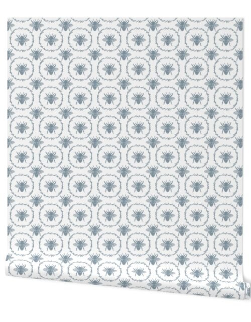 Small French Provincial Bees in Laurel Wreaths in Winter Blue on White Wallpaper
