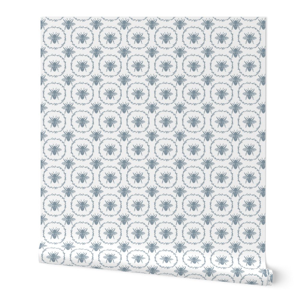 Small French Provincial Bees in Laurel Wreaths in Winter Blue on White Wallpaper Small French Provincial Bees in Laurel Wreaths in Winter Blue on White Wallpaper
