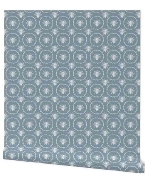 Small French Provincial Bees in Laurel Wreaths in White on Winter Blue Wallpaper