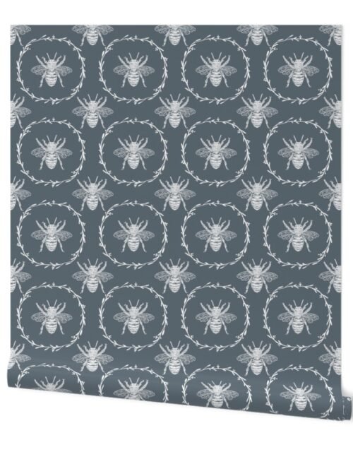 Large French Provincial Bees in Laurel Wreaths in White on Ice Blue Wallpaper