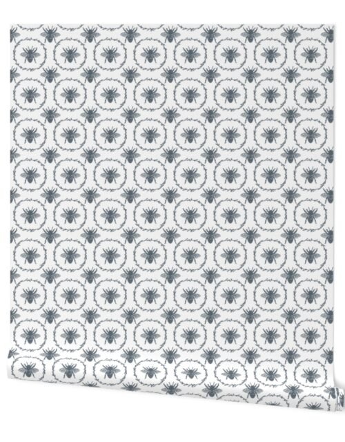 Small French Provincial Bees in Laurel Wreaths in Ice Blue on White Wallpaper