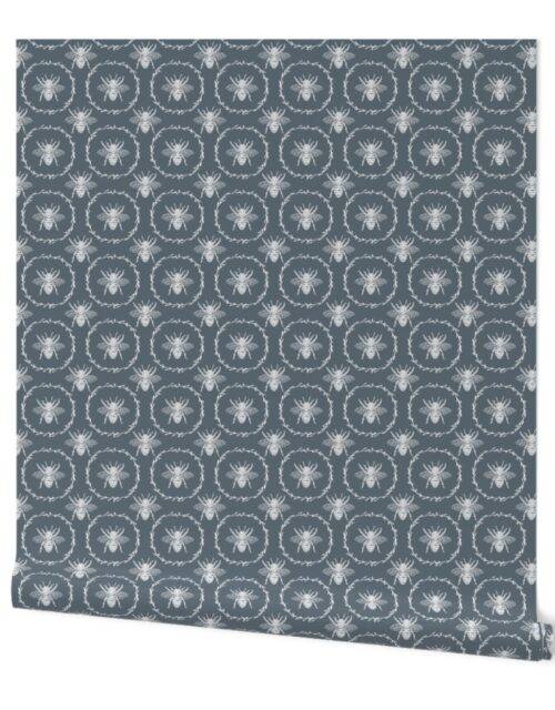 Small French Provincial Bees in Laurel Wreaths in White on Ice Blue Wallpaper