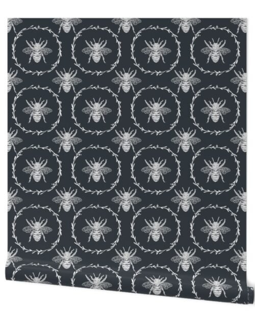 Large French Provincial Bees in Laurel Wreaths in White on Twilight Blue Wallpaper