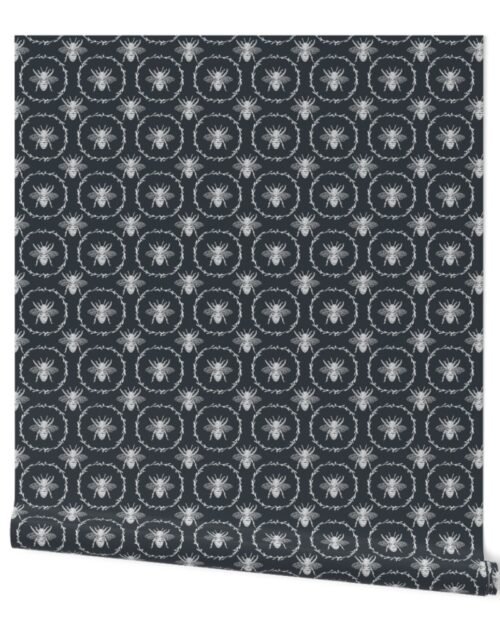 Small French Provincial Bees in Laurel Wreaths in White on Twilight Blue Wallpaper