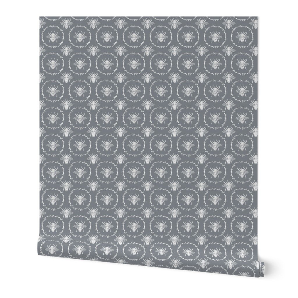 Small French Provincial Bees in Laurel Wreaths in White on Grey Blue Wallpaper Small French Provincial Bees in Laurel Wreaths in White on Grey Blue Wallpaper