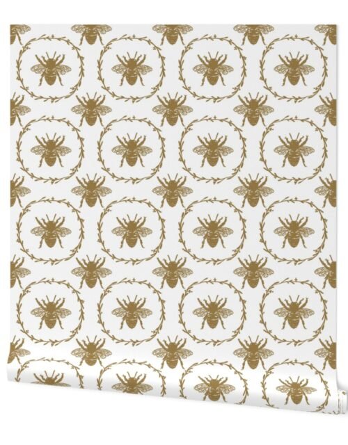 Large French Provincial Bees in Laurel Wreaths in Tan on White Wallpaper