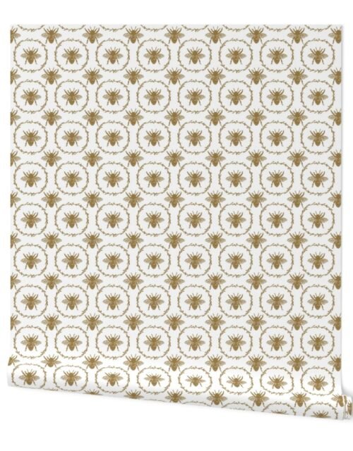 Small French Provincial Bees in Laurel Wreaths in Tan on White Wallpaper