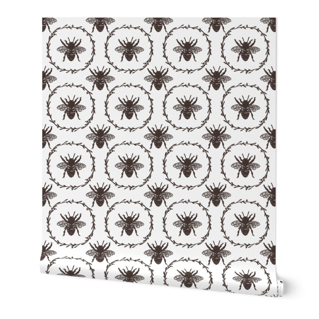Large French Provincial Bees in Laurel Wreaths in Chocolate on White Wallpaper Large French Provincial Bees in Laurel Wreaths in Chocolate on White Wallpaper