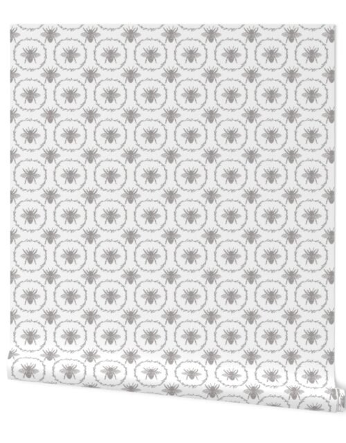 Small French Provincial Bees in Laurel Wreaths in Fawn on White Wallpaper