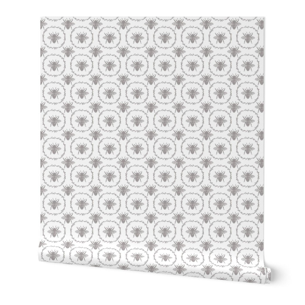 Small French Provincial Bees in Laurel Wreaths in Fawn on White Wallpaper Small French Provincial Bees in Laurel Wreaths in Fawn on White Wallpaper