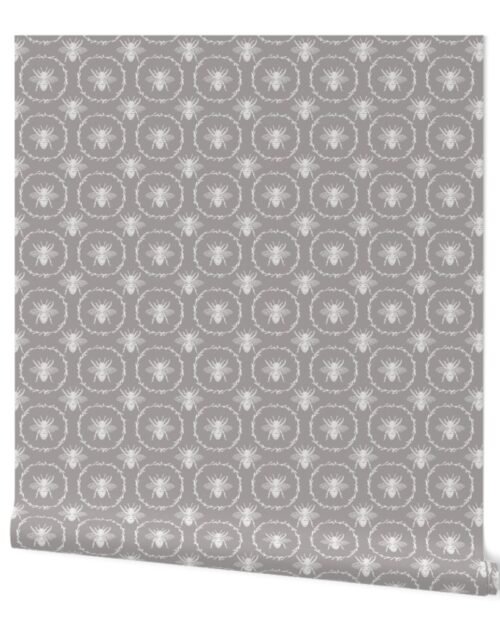 Small French Provincial Bees in Laurel Wreaths in White on Fawn Wallpaper