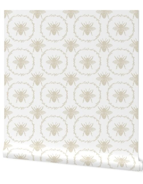 Large French Provincial Bees in Laurel Wreaths in Cream on White Wallpaper