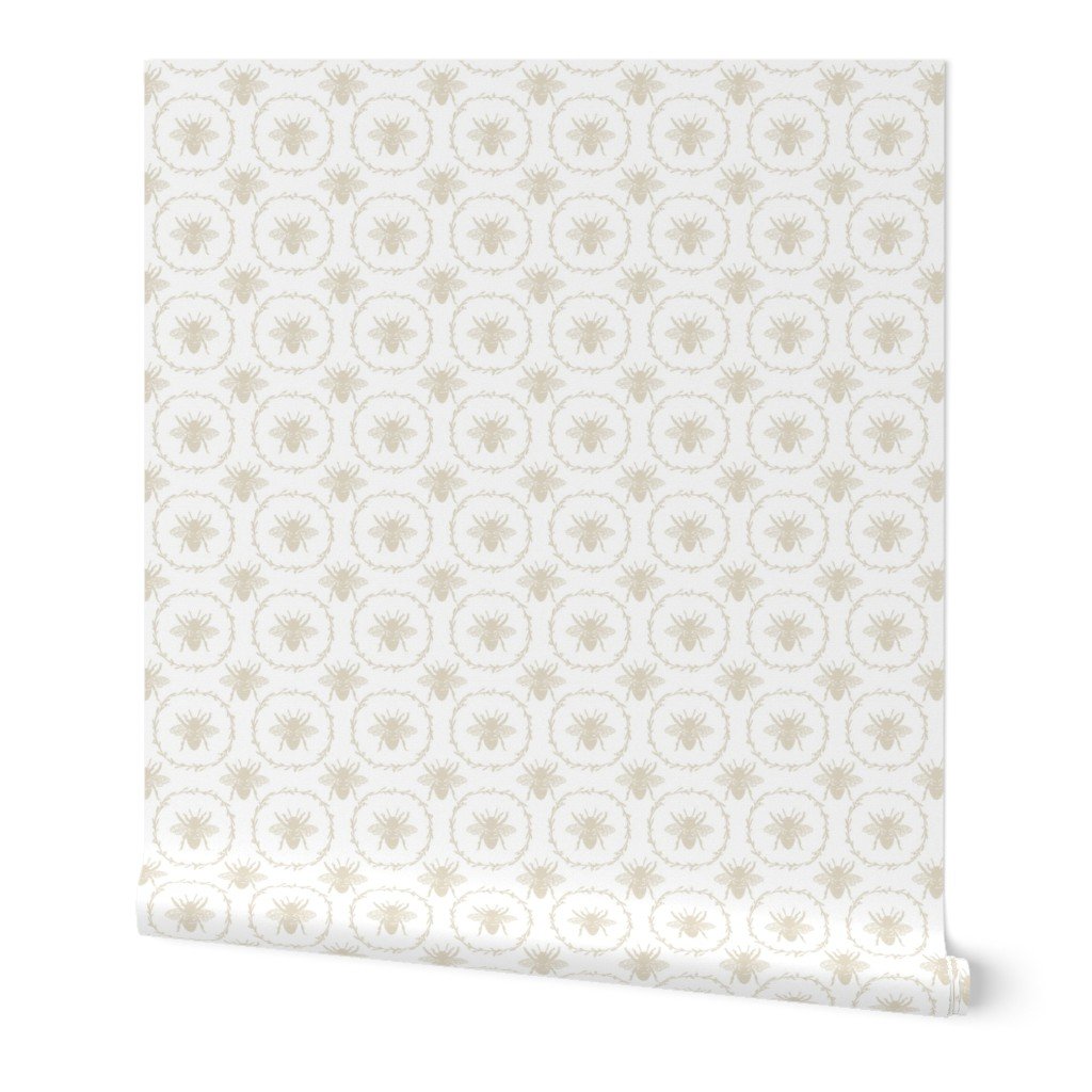 Small French Provincial Bees in Laurel Wreaths in Cream on White Wallpaper Small French Provincial Bees in Laurel Wreaths in Cream on White Wallpaper